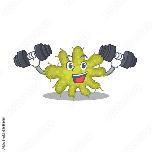 Mascot design of smiling Fitness exercise bacterium lift up barbells