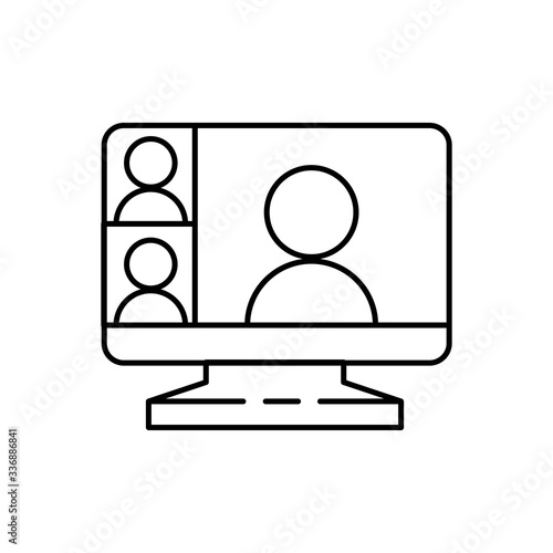 Computer screen icon with a live broadcast on a streaming channel with a symbol of a person having a video call or online conference meeting.