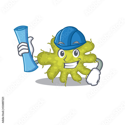 Cartoon character of bacterium brainy Architect with blue prints and blue helmet