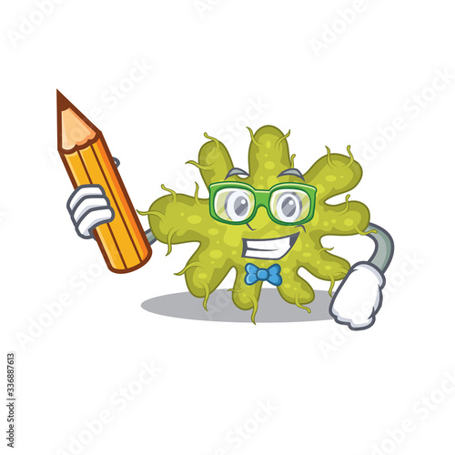 A brainy student bacterium cartoon character with pencil and glasses