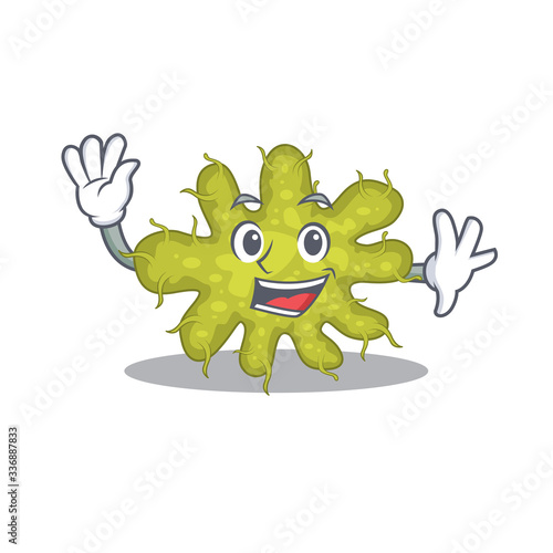 A charismatic bacterium mascot design style smiling and waving hand