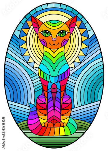 Illustration in stained glass style with abstract geometric cat and the sun on an abstract blue background, oval image