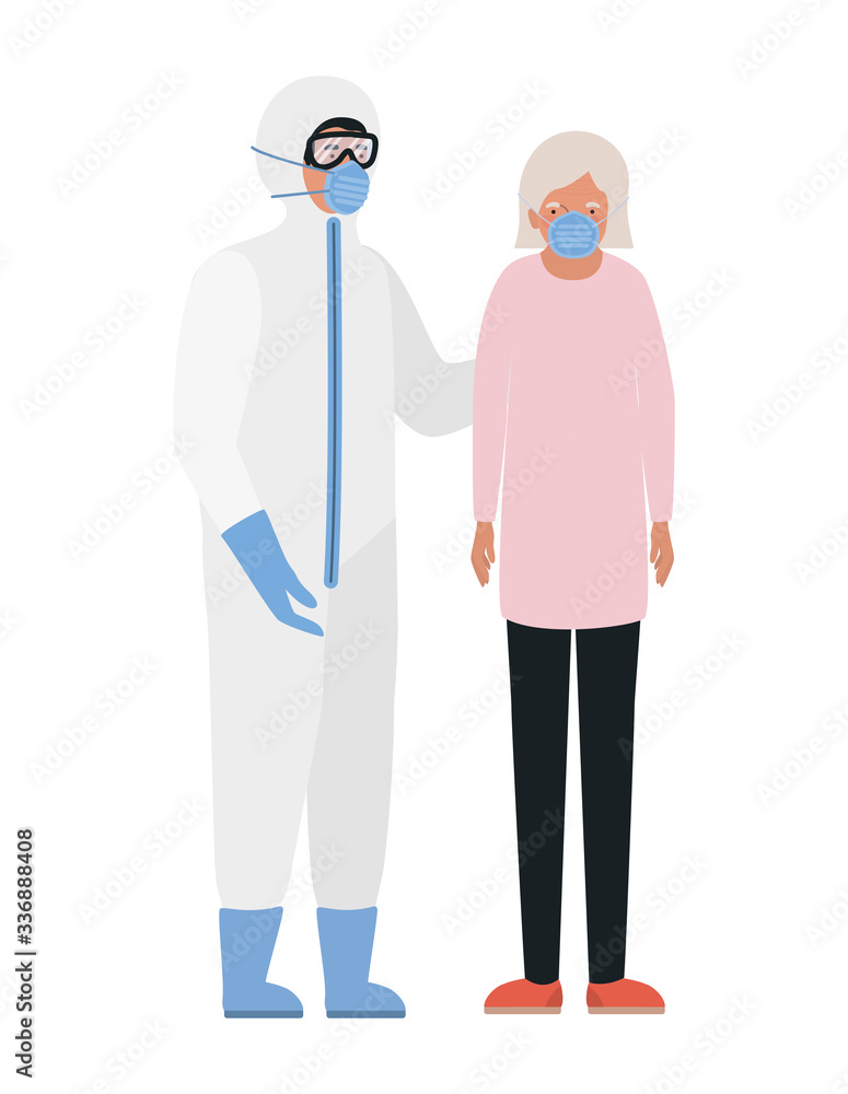 Elder woman with mask and doctor with protective suit against Covid 19 vector design Elder woman with mask and doctor with protective suit against Covid 19 vector design
