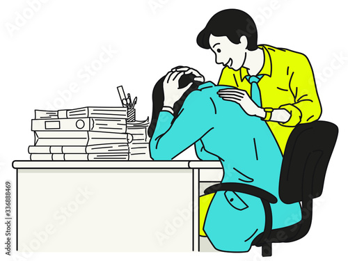 Businesspeople, office worker, patting his colleague at the back to comforting, supporting, from sadness. Hand drawn sketch design, thin line art.