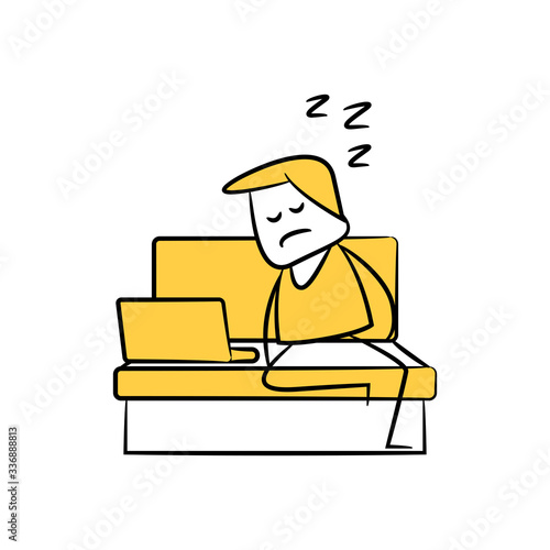 sleepy man working from home yellow doodle theme