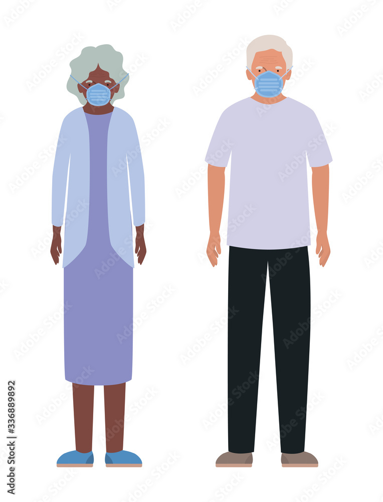 Elder woman and man with masks against Covid 19 vector design Elder woman and man with masks against Covid 19 vector design