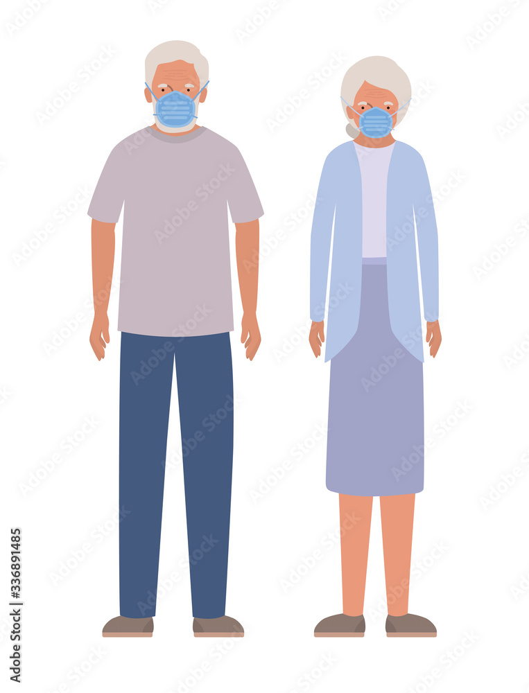 Elder woman and man with masks against Covid 19 vector design