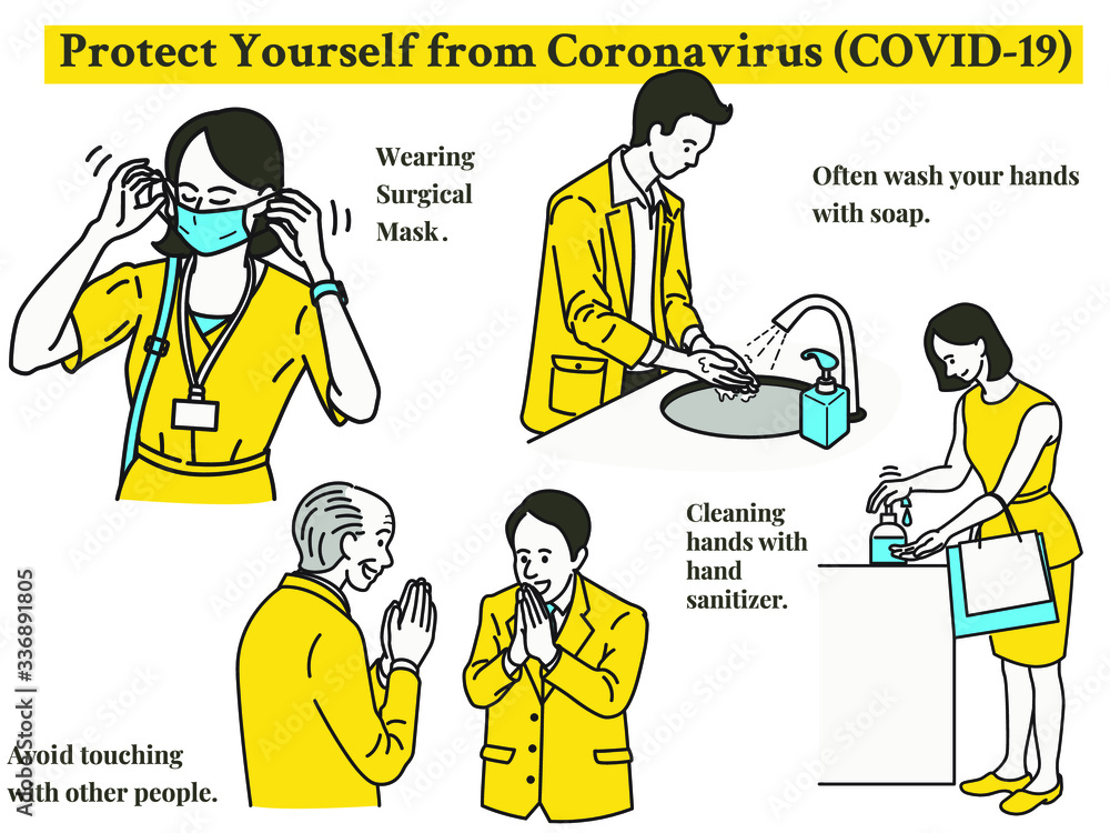 Infographic of simple ways to protect yourself from Coranavirus or covid-19 spreading. Wearing surgical face mask, cleaning hands, use cleansing gel, avoid touching.