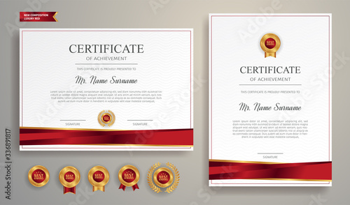 Certificate of appreciation template, gold and red color. Clean modern certificate with gold badge. Certificate border template with luxury and modern line pattern. Diploma vector template