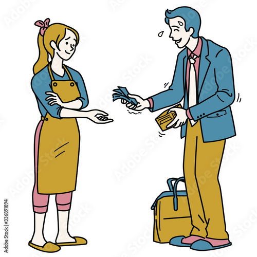 Husband giving money to his wife when get back home from work. Outline, linear, thin line art, hand drawn sketch.