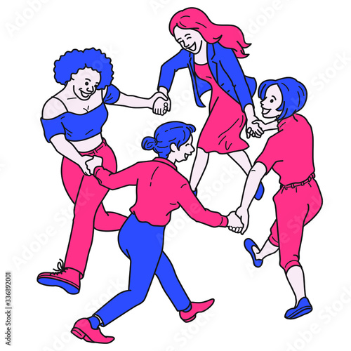 group of women holding hand, joining together dance in circle, in concept of International Women's day, 8 March. Outline, thin line art, hand drawn sketch.