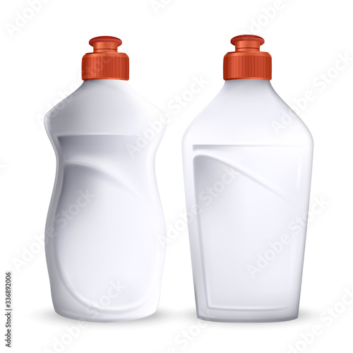 Bottle Of Dish Washing Detergent Liquid Set Vector. Blank White Plastic Containers In Different Style With Soap Detergent For Wash Kitchen Dishware Plates And Cups. Template Realistic 3d Illustrations