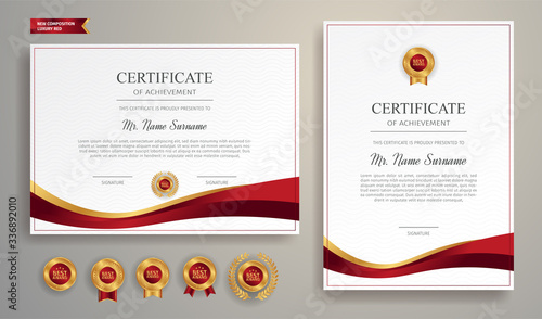 Certificate of appreciation template, gold and red color. Clean modern certificate with gold badge. Certificate border template with luxury and modern line pattern. Diploma vector template