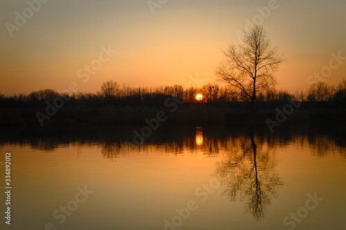 Chorzow Śląskie Poland. Sunset on the lake.