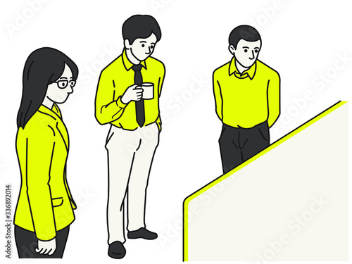 Vector illustration characters of businesspeople, teamwork, or colleague, standing together and looking at big screen or monitor. Outline, linear, thin line art, hand drawn sketch.