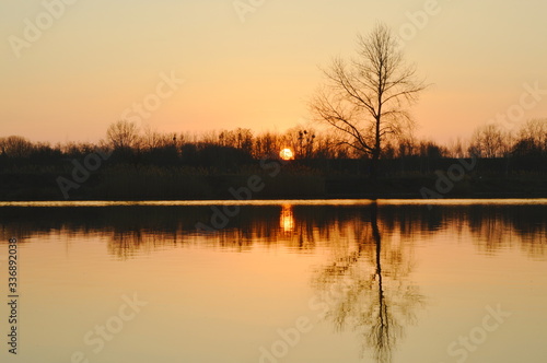 Chorzow   l  skie Poland. Sunset on the lake.
