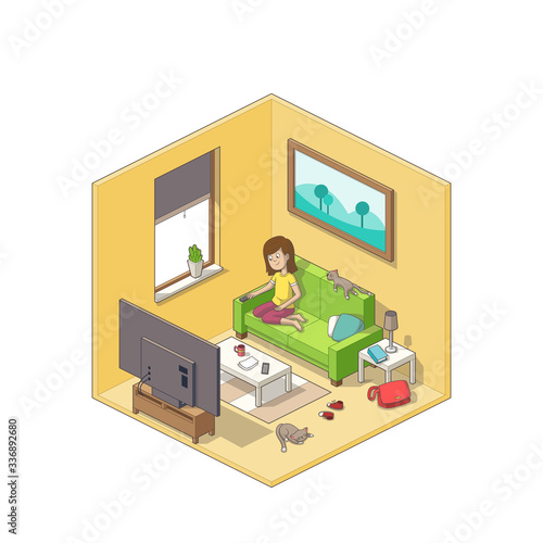 Girl looks tv in living room. Isometric room with furniture. Vector illustration with separate layers.