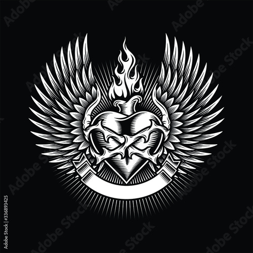 Winged Burning Heart With Thorns and Ribbon 