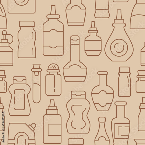 Condiments and sauce bottles icons pattern. Seasoning for cooking seamless background. Seamless pattern vector illustration
