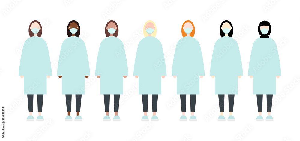 Set of diverse race vector women wearing masks. Nurse scrubs clothes. Flat style vector image. Doctors during pandemic of coronavirus. Covid-19 epidemic protective clothing. Preventive measures. Set of diverse race vector women wearing masks. Nurse scrubs clothes. Flat style vector image. Doctors during pandemic of coronavirus. Covid-19 epidemic protective clothing. Preventive measures.