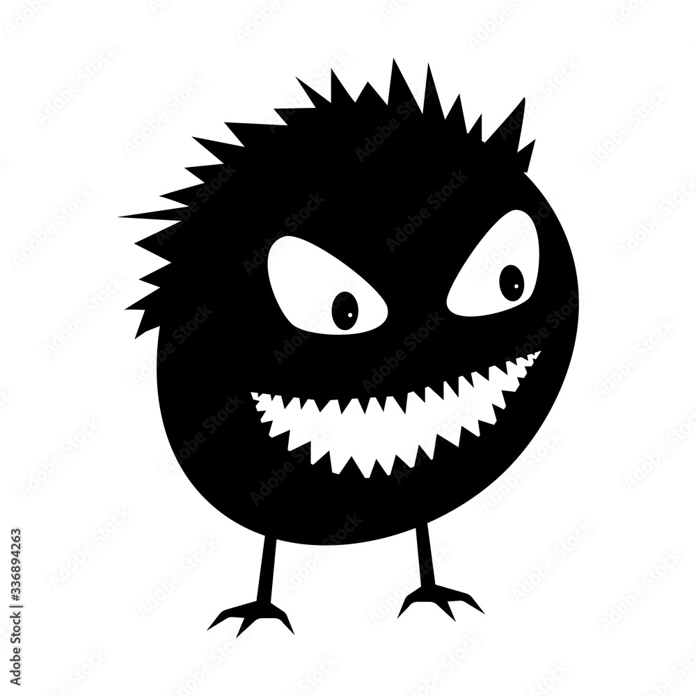 The silhouette of an evil round creature with sharp teeth and big eyes on thin legs. Isolated vector on a white background.