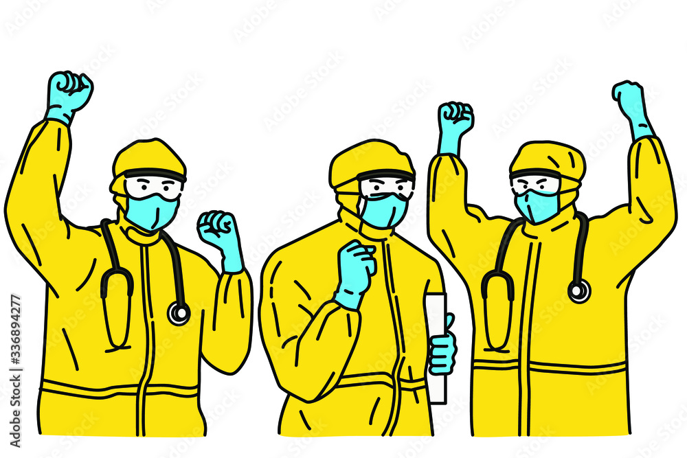 Doctor, wearing hazmat suit or protection suit, raising fists in the air in concept of fighting against Coronavirus or Covid-19, Outline, thin line art, hand drawn sketch