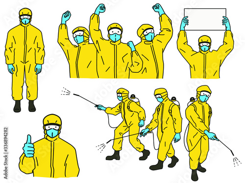 Hazmat suits vector character set, concept of fight against
Coronavirus or Covid-19, staking full length, holding and raising fists in the air, thumb up, cleaning, and hold blank banner.