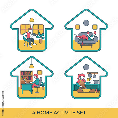 Set of Home Activity, Workout from Home, Work from Home, Relax at Home, Cooking From Home
