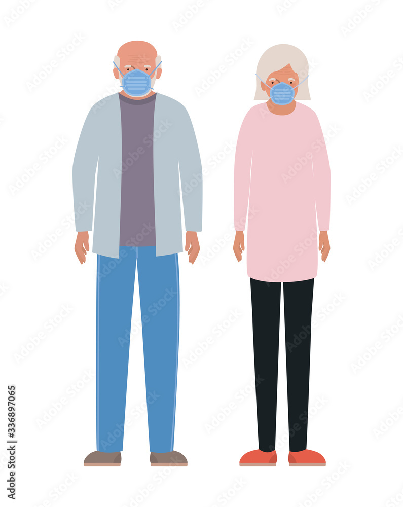 Elder woman and man with masks against Covid 19 vector design Elder woman and man with masks against Covid 19 vector design