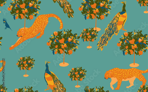 A garden with orange trees in bloom in which tame leopards, peacocks and cockatoo parrots walk on a white background. Seamless pattern with tropical animals and plants.