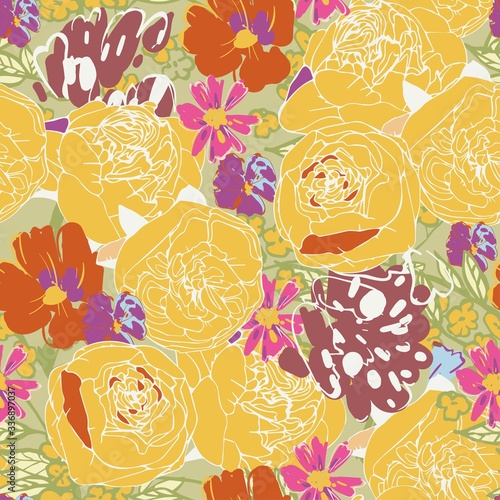 Seamless floral vector pattern with flowers of pink, crimson and burgundy roses, peonies and daisies. Summer bouquet of blooming inflorescences and herbs.