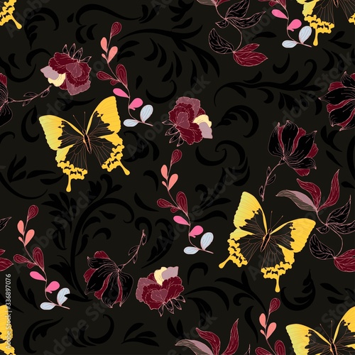 Seamless vector floral pattern of butterflies and inflorescences of flowers in elegant curls on a turquoise, light blue background.