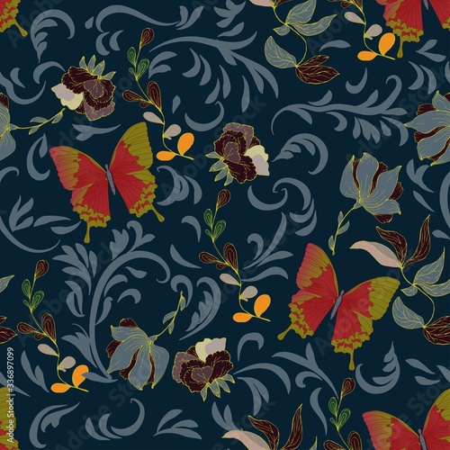 Seamless vector floral pattern of butterflies and inflorescences of flowers in elegant curls on a turquoise, light blue background.