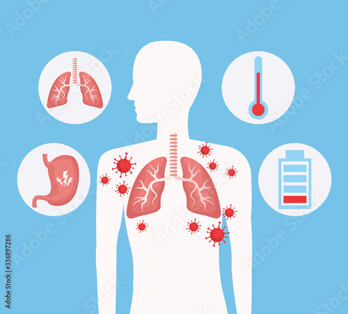 silhouette human with lungs and covid19 set icons