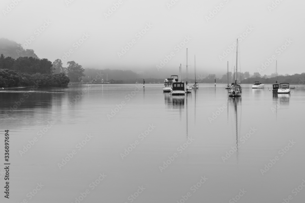 Boats on the Bay - Rainy days at the Waterfront in Black and White
