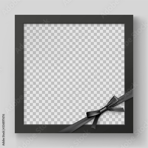 Black memorial square frame with empty place for portrait or necrology isolated vector illustration. Mourning photo frame mockup with black ribbon bow. Funeral ceremony and condolence card layout.