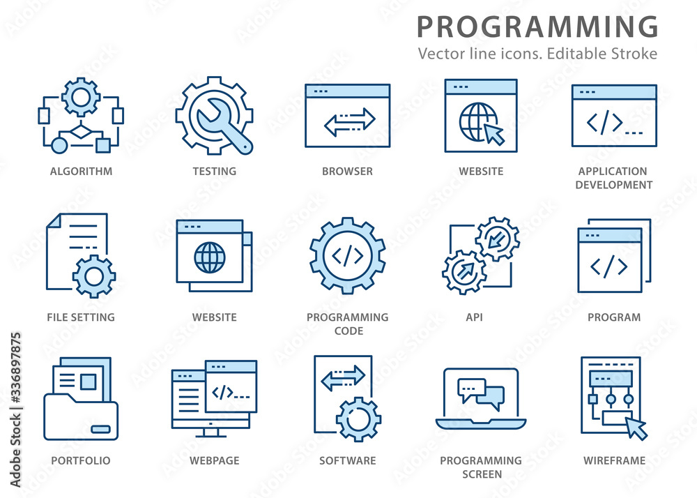 Programming line icon set. Vector illustration. Editable stroke. Programming line icon set. Vector illustration. Editable stroke.