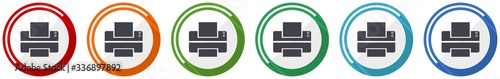 Printer icon set, print flat design vector illustration in 6 colors options for webdesign and mobile applications