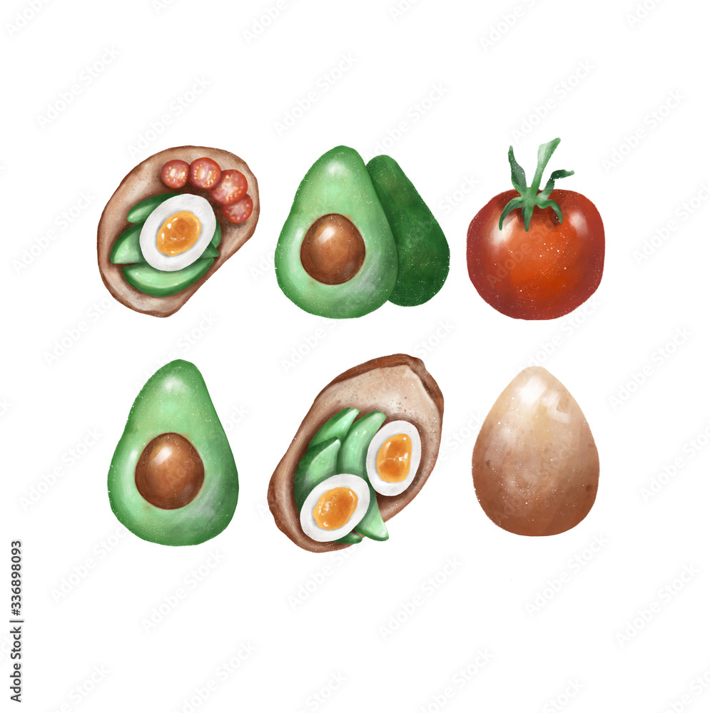 Sticker pack, Toasts with avocado, tomato and egg, Raster illustration, Procreate sketch Sticker pack, Toasts with avocado, tomato and egg, Raster illustration, Procreate sketch