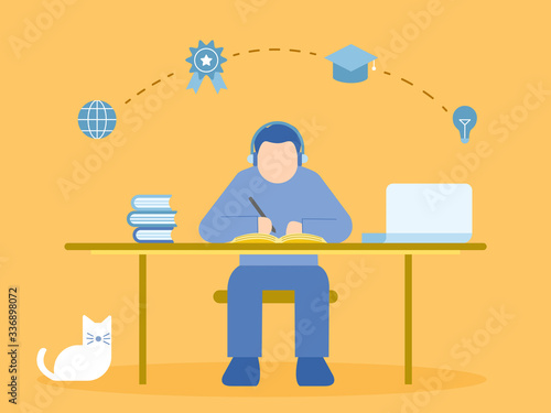 Man sitting at desk. Learni...