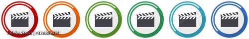 Video icon set, flat design vector illustration in 6 colors options for webdesign and mobile applications