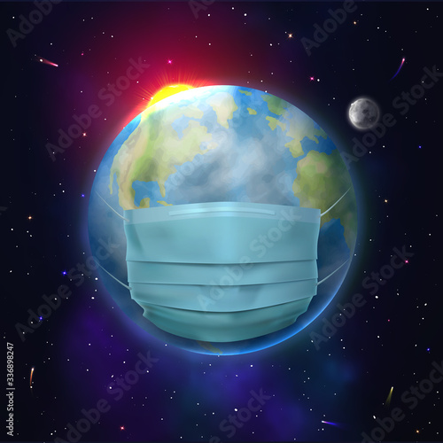 Global coronavirus pandemic. Realistic medical face mask on earth globe. Worldwide quarantine and health safety vector illustration. World virus epidemic. Coronavirus protection and self prevention.