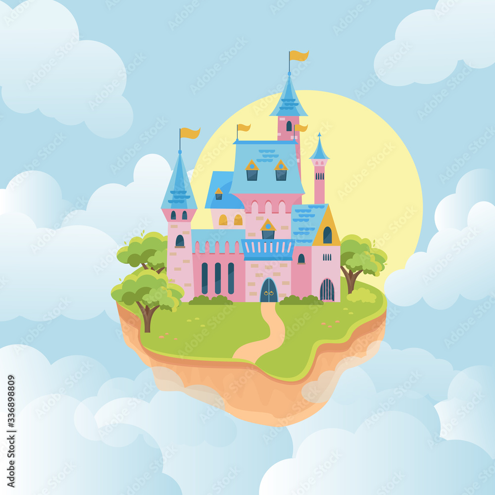 castle in sky. fairytale medieval building in flying island. Pink walls and towers kingdom architectural object in sky. Vector illustration of fortress castle in sky. fairytale medieval building in flying island. Pink walls and towers kingdom architectural object in sky. Vector illustration of fortress