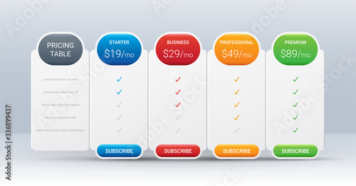 Price comparison table layout template for four products, vector illustration