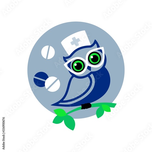 Image of a blue owl doctor in a white cap, sitting on a branch. Vector illustration. For medical.

