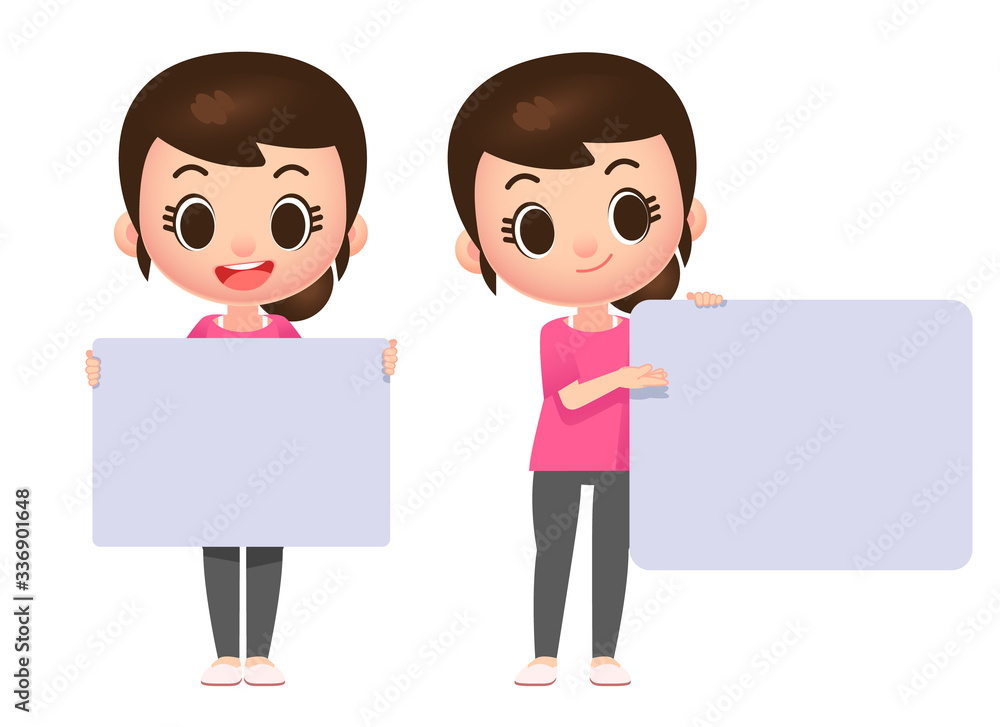 Vector cute girl character holding empty board for your text, message isolated on white background Vector cute girl character holding empty board for your text, message isolated on white background