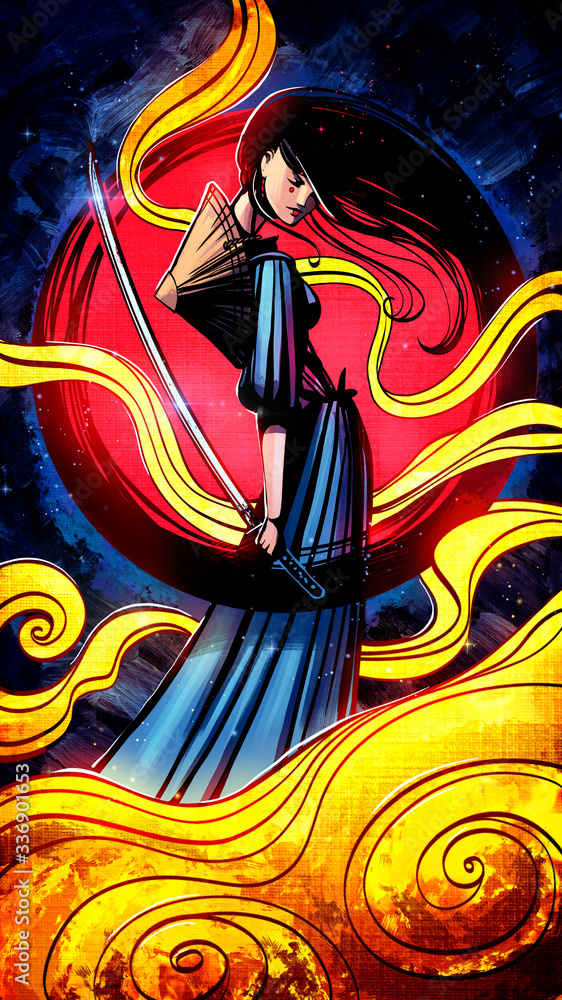 A beautiful young samurai girl with a katana in her hand and a large sharp-angled rice hat, with long black hair describing a circle around her, against the background of a red sun. 2D illustration A beautiful young samurai girl with a katana in her hand and a large sharp-angled rice hat, with long black hair describing a circle around her, against the background of a red sun. 2D illustration