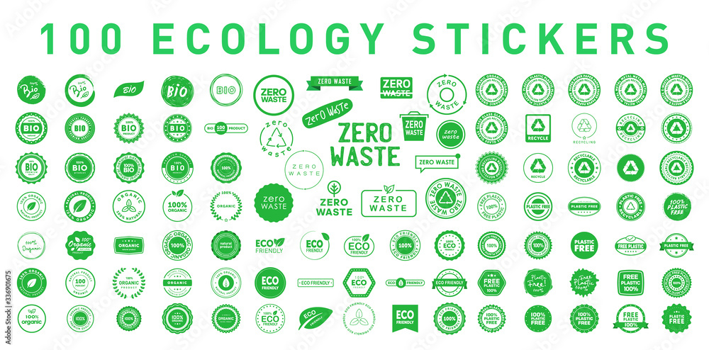 Set of 100 ecology various badges, stickers, symbols and emlems. Environment protection. Vector illustration. Eps 10.