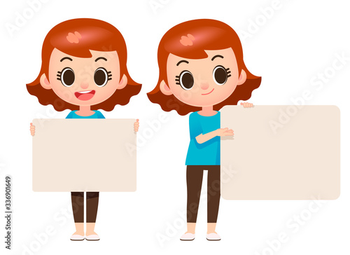 Vector cute girl character holding empty board for your text, message isolated on white background