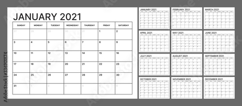 Wall calendar template for 2021 year. Planner diary in a minimalist style. Week Starts on Sunday. Monthly calendar ready for print.